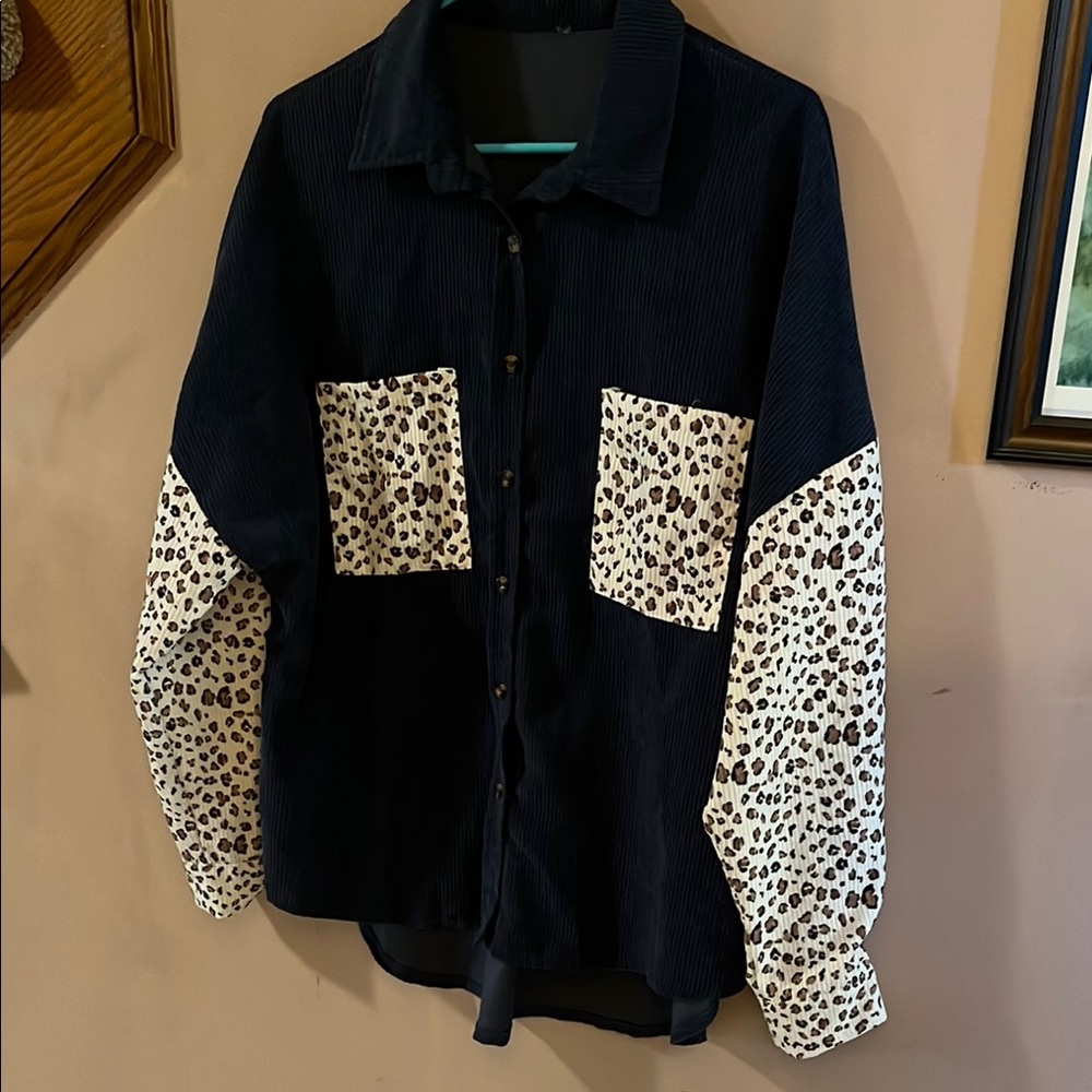 Leopard Print Sleeve Corduroy button up shirt